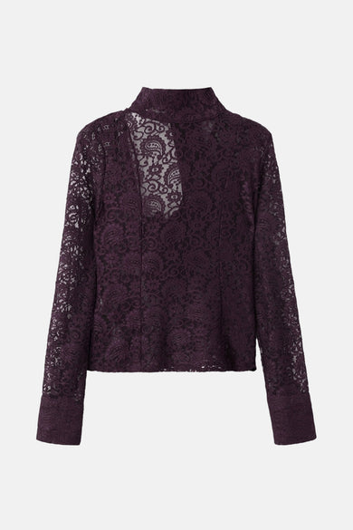 Bordeaux blouse met lange mouwen van MANGO, met een bloemenkantenpatroon op een effen rode achtergrond.