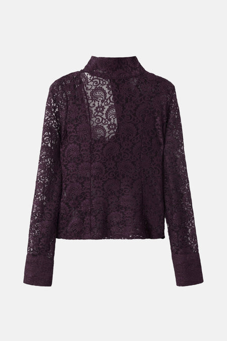 Bordeaux blouse met lange mouwen van MANGO, met een bloemenkantenpatroon op een effen rode achtergrond.