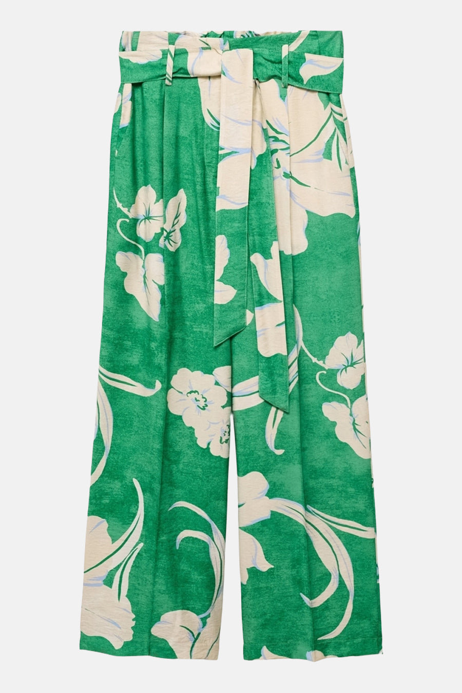 Groene broek met bloemenprint van MANGO, met bijpassende ceintuur die in de taille wordt geknoopt.