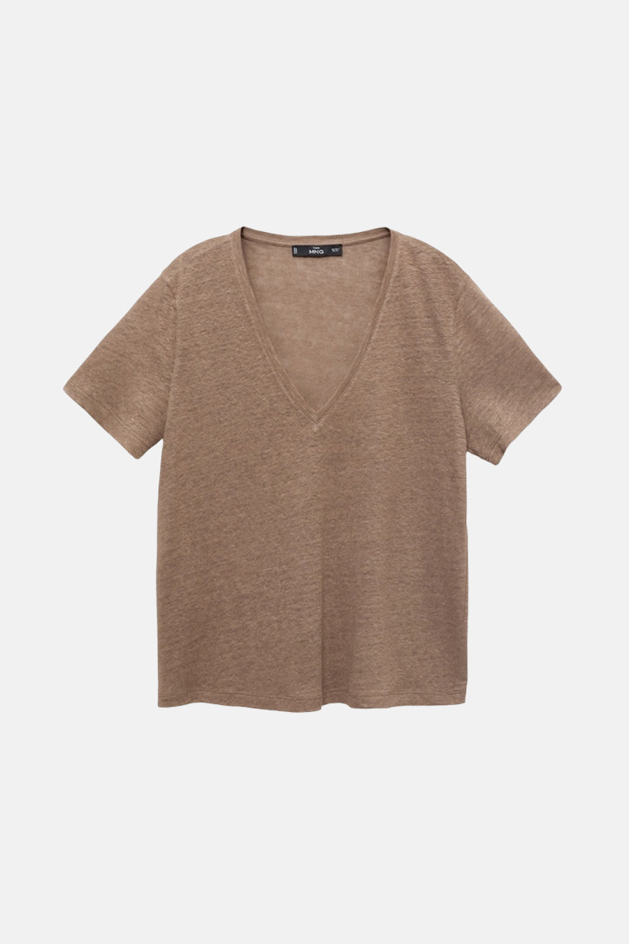 Bruin V-hals T-shirt van MANGO, met korte mouwen en een getextureerde stof.