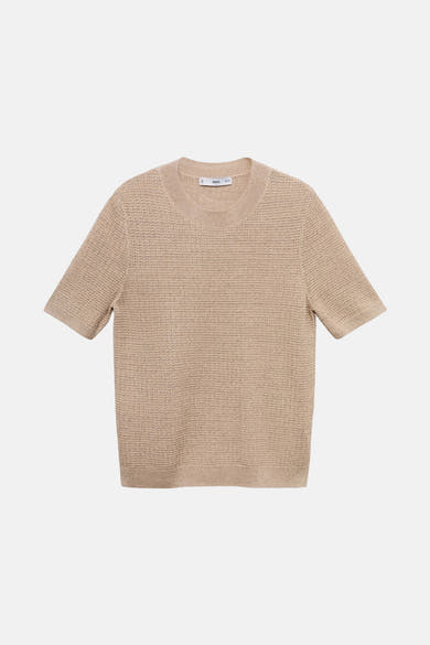 Beige ronde hals trui van MANGO, in een textuurgebreide stof met wafelpatroon, met korte mouwen.
