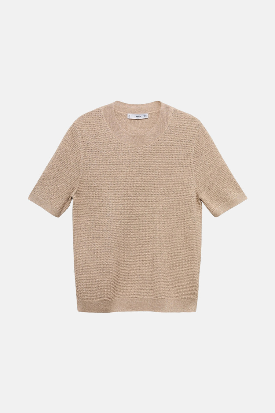 Beige ronde hals trui van MANGO, in een textuurgebreide stof met wafelpatroon, met korte mouwen.