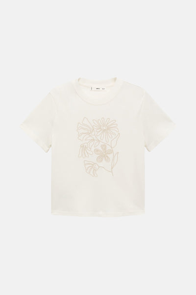 T-shirt écru à manches courtes de MANGO, avec motif floral brodé sur le devant.
