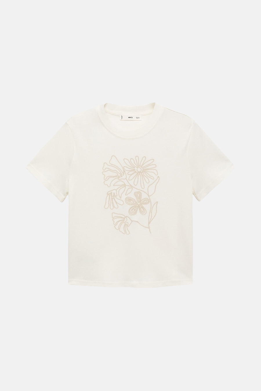 T-shirt écru à manches courtes de MANGO, avec motif floral brodé sur le devant.
