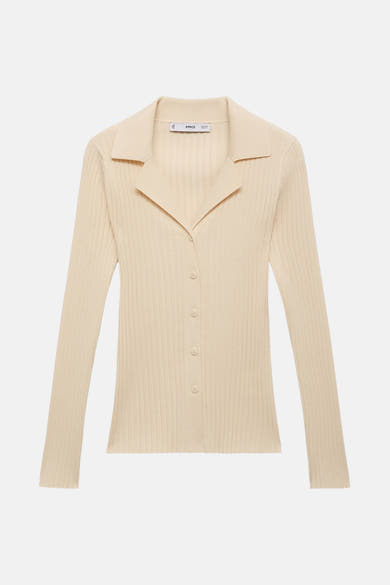 Gele ribgebreide cardigan van MANGO, met overhemdkraag en knoopsluiting aan de voorkant.