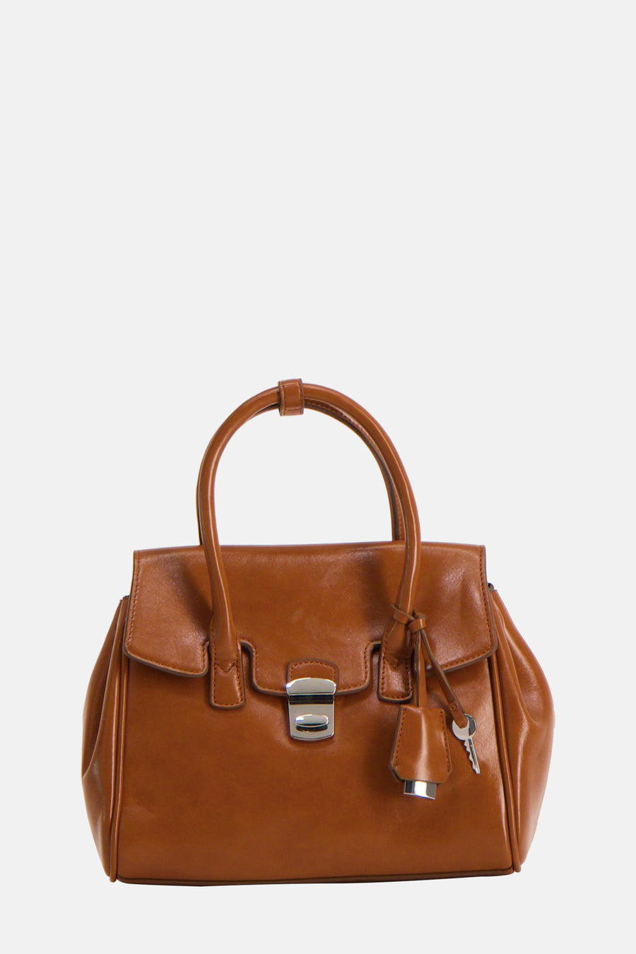Sac à main brun de MANGO avec anse arrondie, cadenas et clé décorative argentée.
