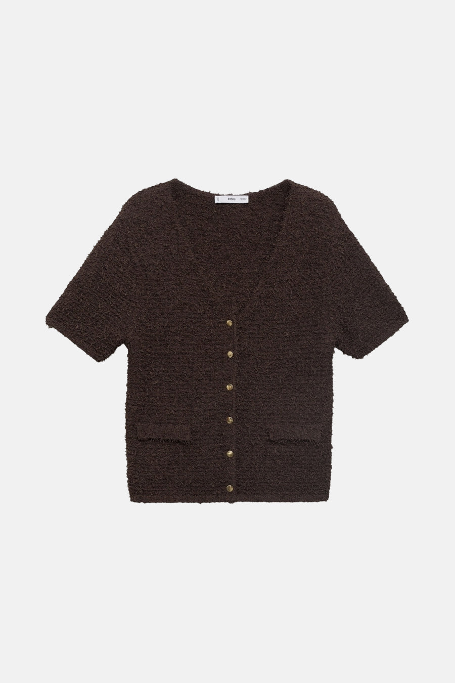 Bruine cardigan van MANGO met bouclébreiwerk, korte mouwen, gouden knopen en opgestikte zakken.