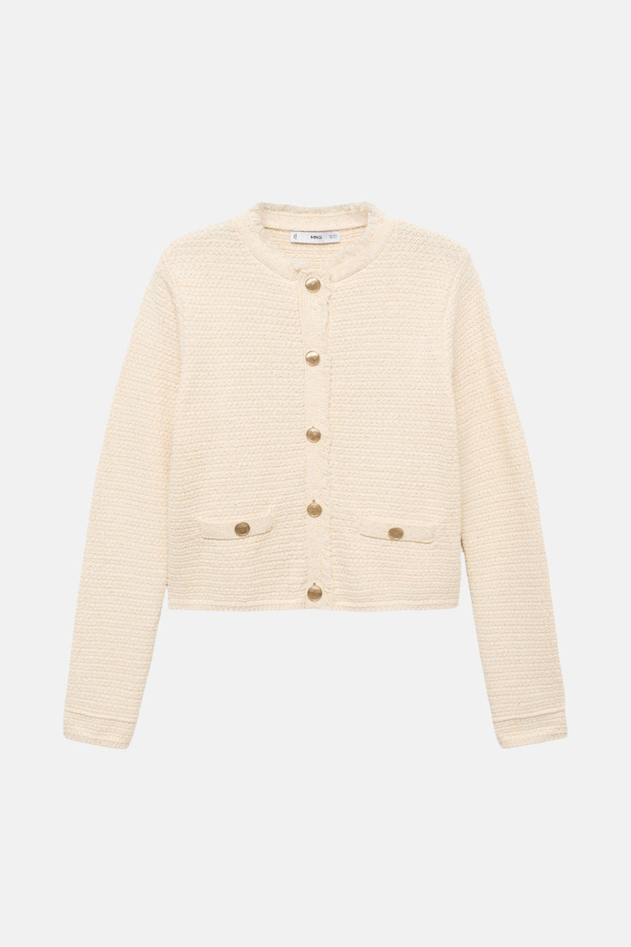 Ecru gebreid vest van MANGO, met gouden knopen en decoratieve opgestikte zakken.