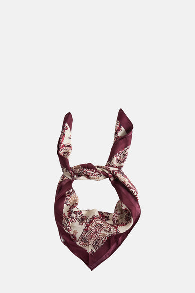 Bordeaux sjaal van MANGO, met een paisley-motief en een effen rand.