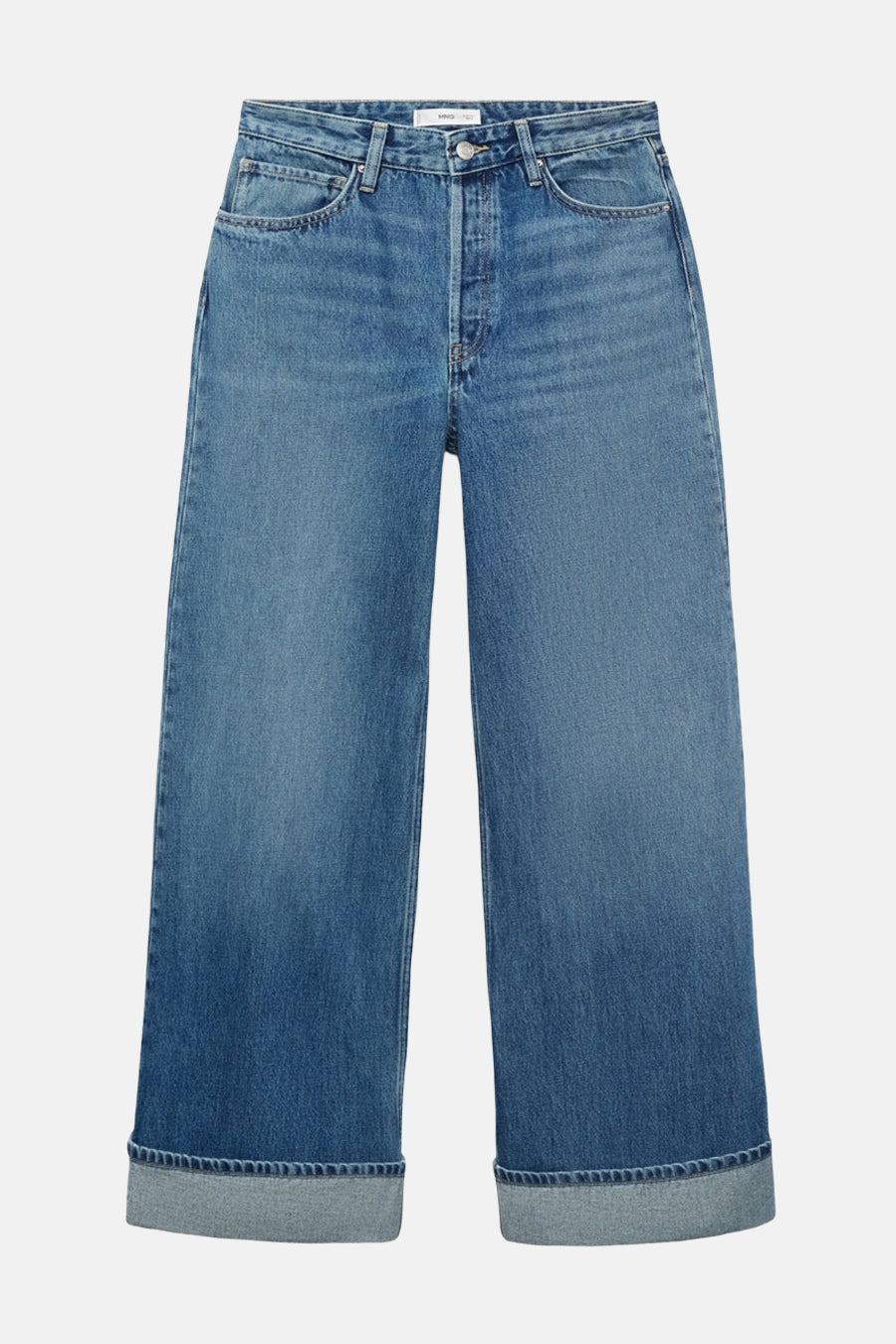 Jeans larges bleu moyen de MANGO, avec une coupe ample et des ourlets retroussés.