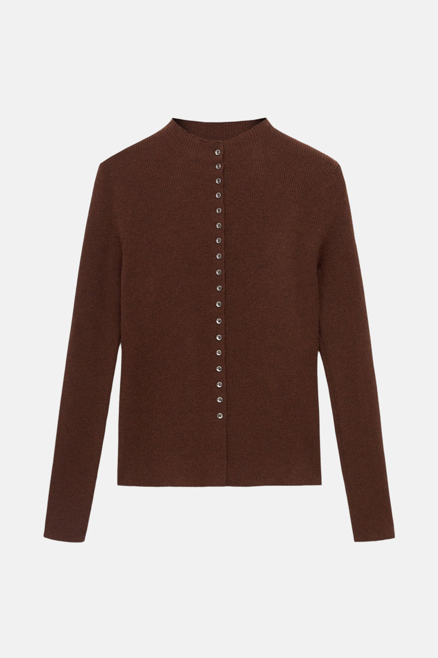 Bruin geribd gebreid vest van MANGO met zilverkleurige knopen op een lichte achtergrond.