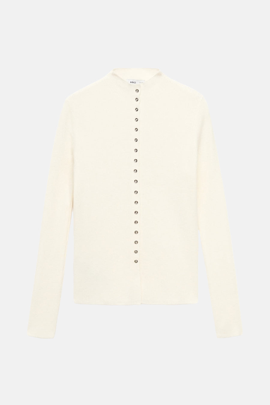 Gilet beige en maille fine de MANGO, avec boutons argentés sur le devant.