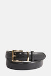 Zwarte riem van MANGO, met een gouden gesp en stikseldetails.