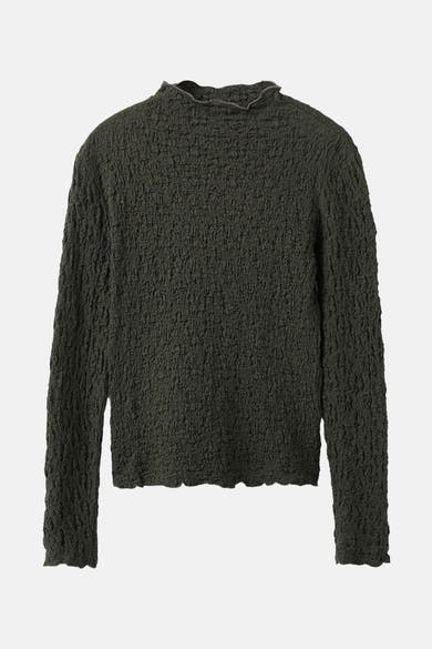 Kaki T-shirt met lange mouwen van MANGO, met wafeltextuur en opstaande geribbelde kraag.