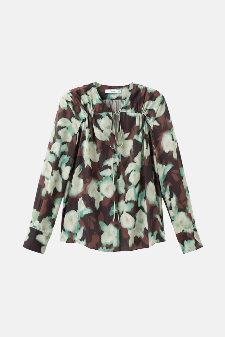 Blouse à manches longues multicolore de MANGO, à imprimé floral et liens à nouer au col.
