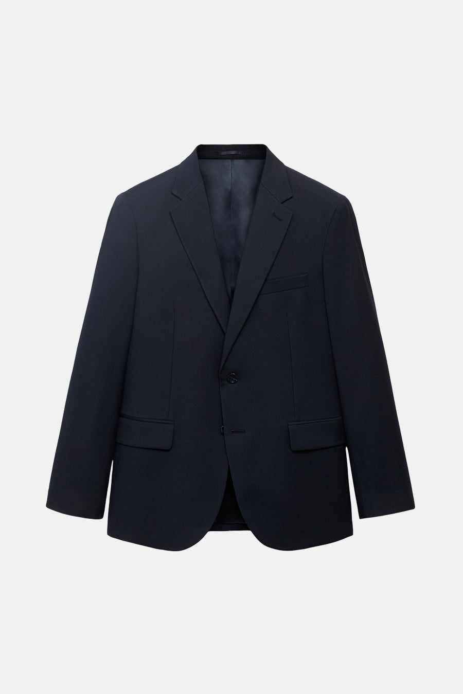 Blauwe MANGO blazer met enkele knoopsluiting, inkeping revers en klepzakken.