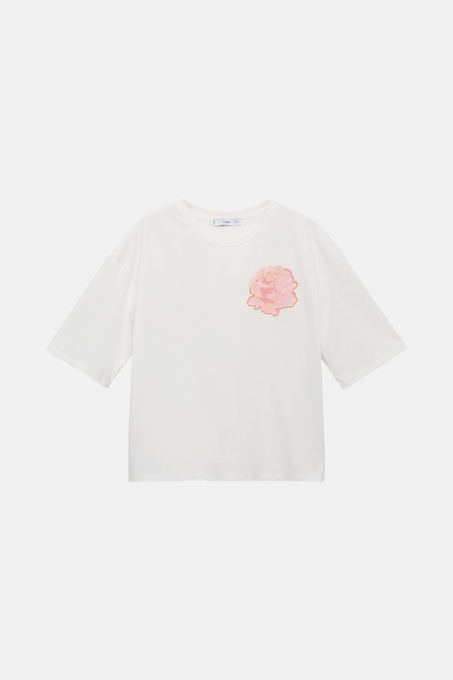 Wit T-shirt met korte mouwen van MANGO, met een roze bloem op de voorkant.