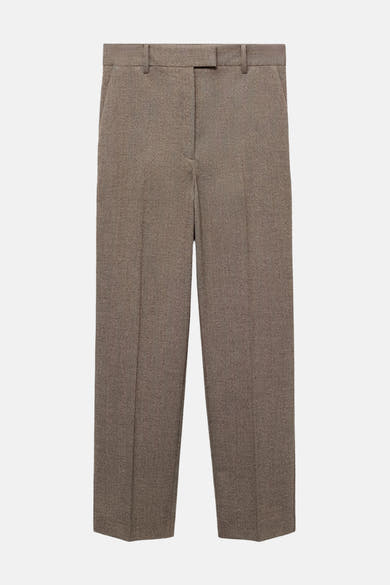 Pantalon marron chiné de MANGO, coupe droite avec plis marqués et détails de ceinture.