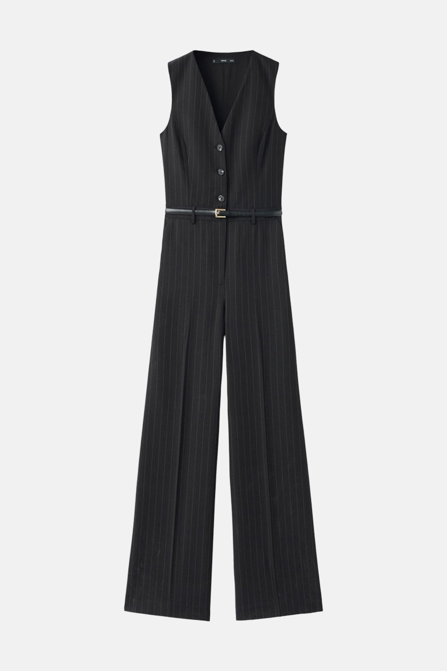 Blauwe jumpsuit van MANGO, fijne strepen, zwarte riem in de taille en uitlopende pijpen.