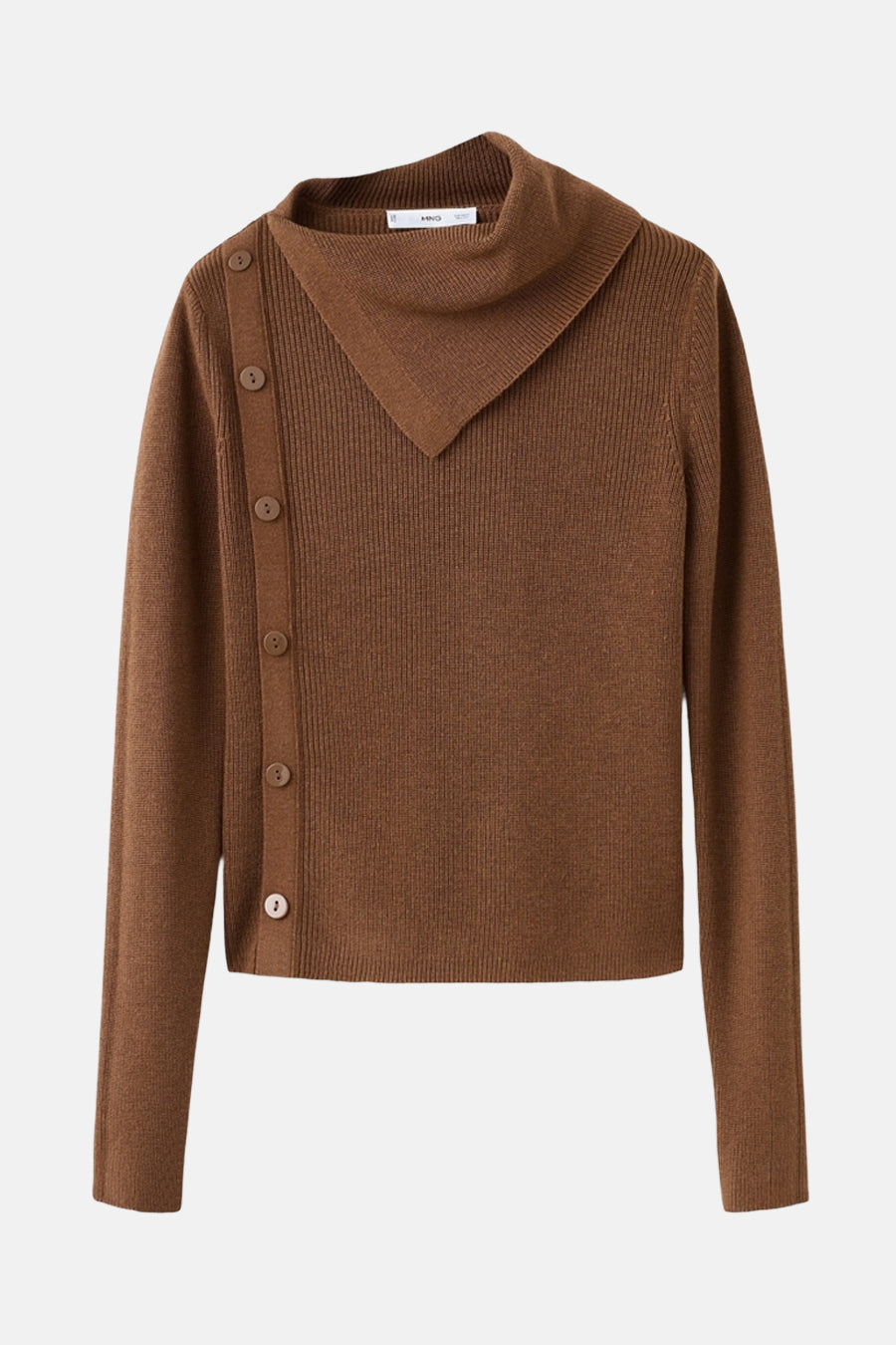 Pull col rond brun par MANGO, avec col montant asymétrique et patte de boutonnage décorative.
