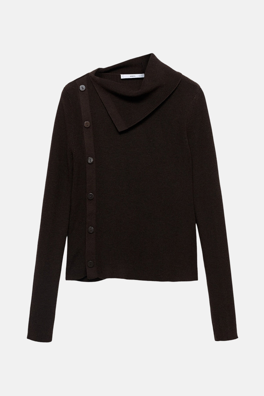 Pull à col rond marron de MANGO, avec patte de boutonnage asymétrique et col châle côtelé.
