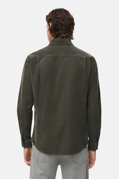 Chemise à manches longues verte de MANGO, vue de dos, avec empiècement et patte de boutonnage.