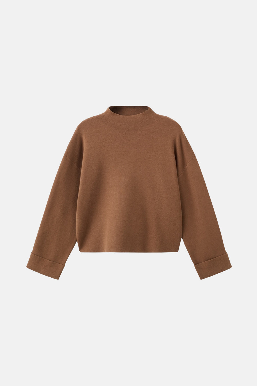 Pull à col roulé brun de MANGO, avec manches longues et poignets retroussés, sur fond uni.