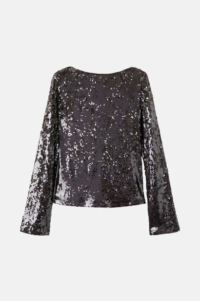 Chemisier à manches longues brun by MANGO, orné de sequins brillants, vue de dos.
