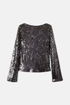 Chemisier à manches longues brun by MANGO, orné de sequins brillants, vue de dos.
