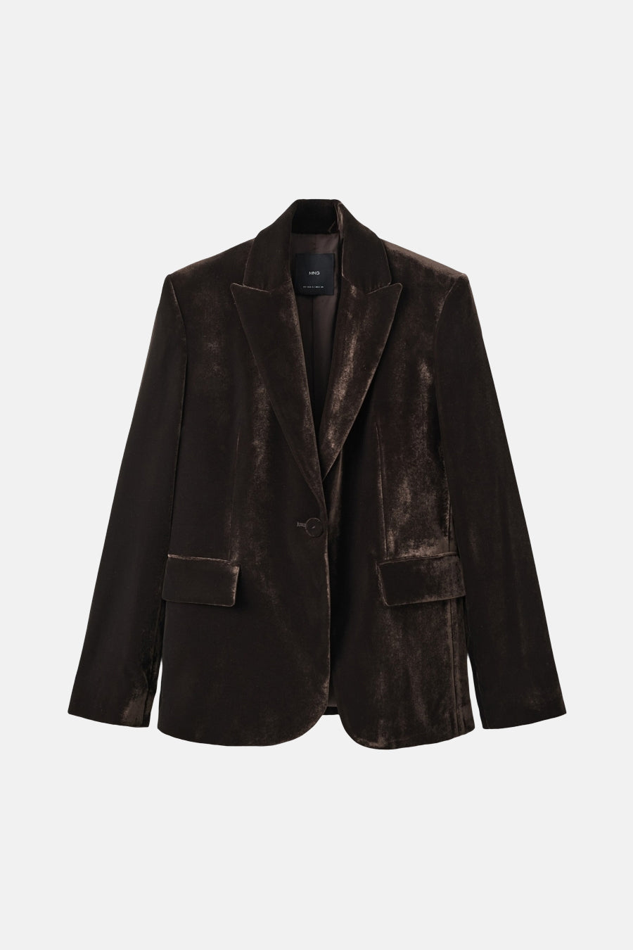 Bruine blazer van MANGO, met één knoop en zakken.