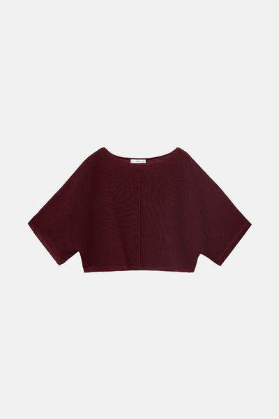 Pull à col rond bordeaux de MANGO, en maille fine, coupe courte avec manches kimono.
