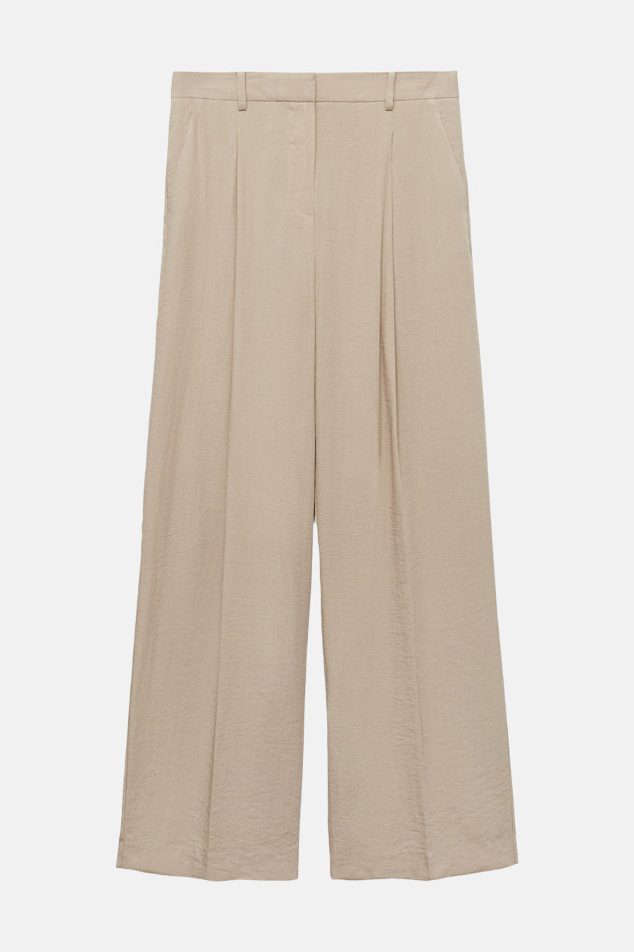 Beige broek van MANGO, losse pasvorm met gestructureerde plooien en subtiele textuur.