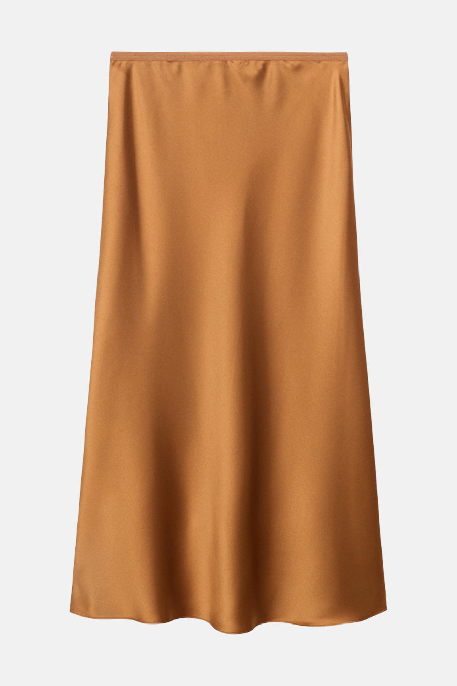 Jupe longue marron en satin par MANGO, avec une taille élastique et une coupe droite.
