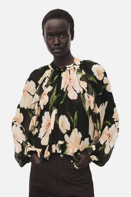 Multikleurige blouse met lange mouwen van MANGO, met bloemenprint en ruchesdetails.