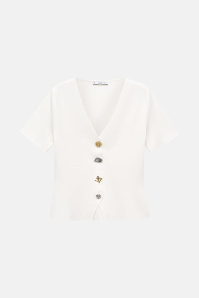 Witte MANGO-cardigan met korte mouwen en decoratieve sierknopen.