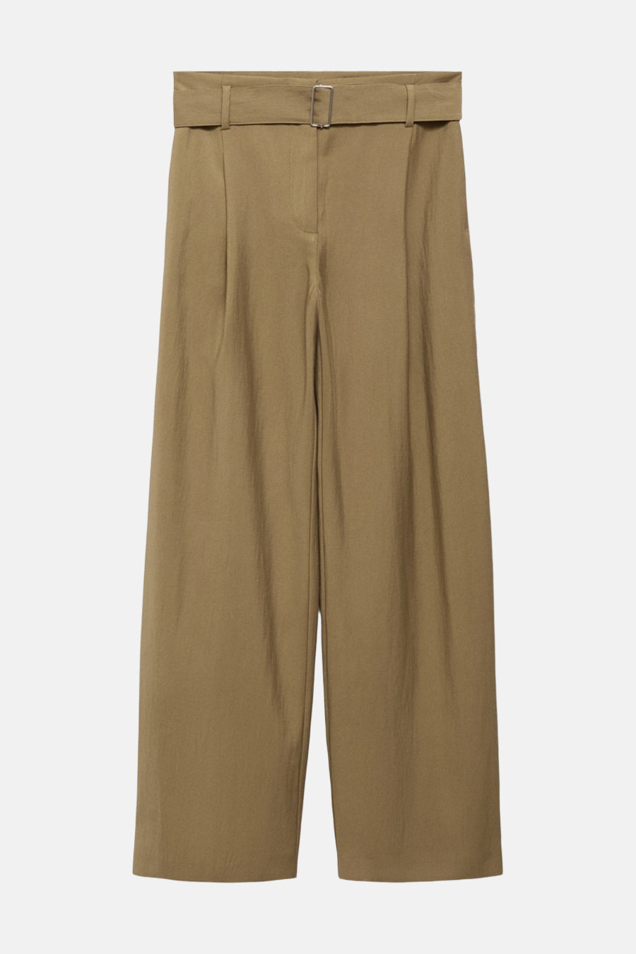 Pantalon kaki à jambes larges de MANGO, avec ceinture à boucle argentée et plis discrets.