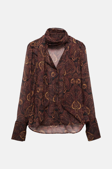 Bruine bruine met lange mouwen van MANGO, paisleyprint, opstaande kraag en losse pasvorm.