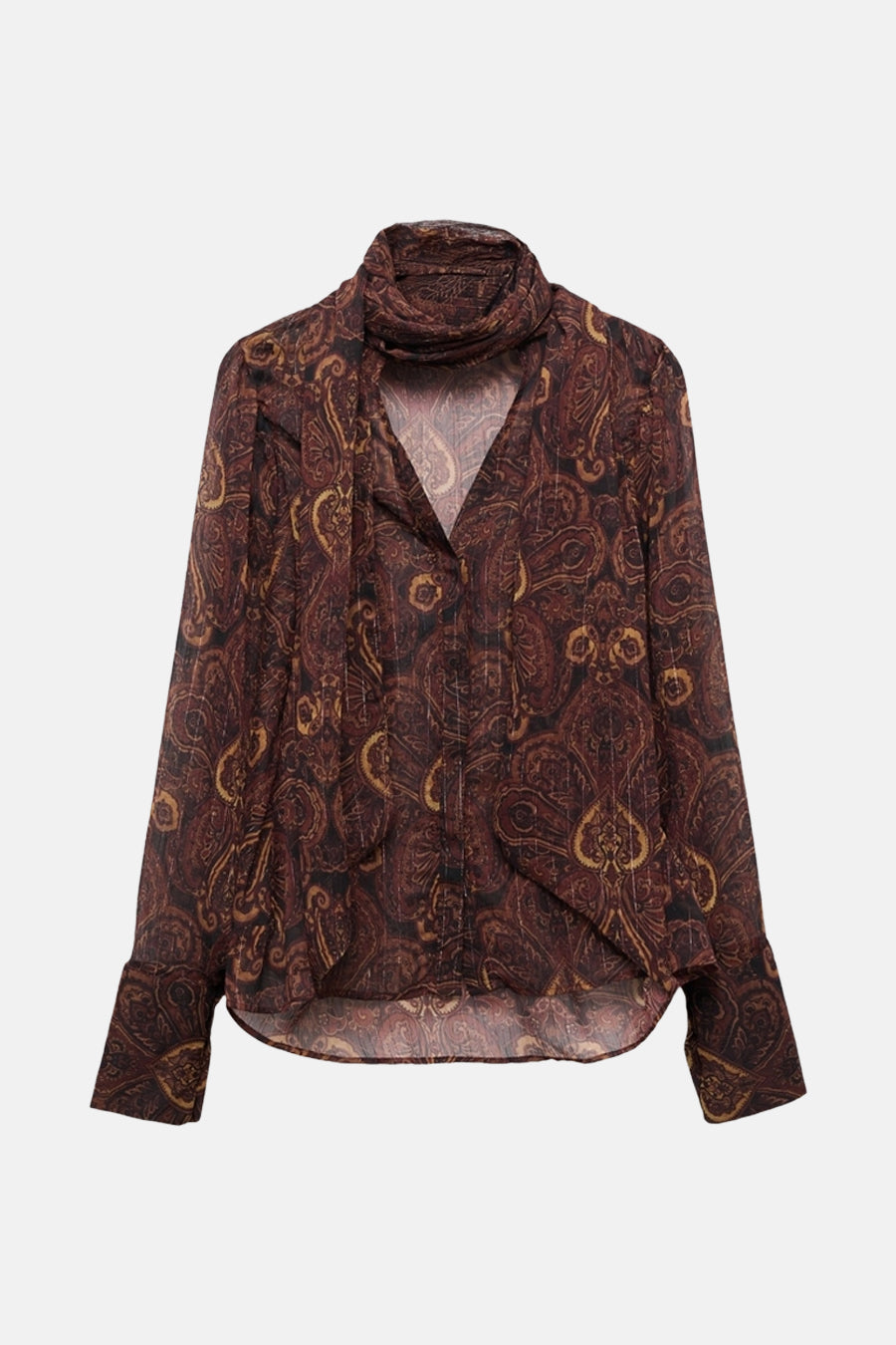 Bruine bruine met lange mouwen van MANGO, paisleyprint, opstaande kraag en losse pasvorm.