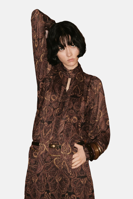 Bruine met lange mouwen in bruin van MANGO, met paisley-motief en splitkraag.