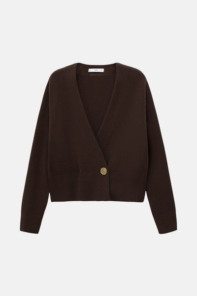Gilet marron de MANGO avec un bouton doré, coupe croisée et manches longues.