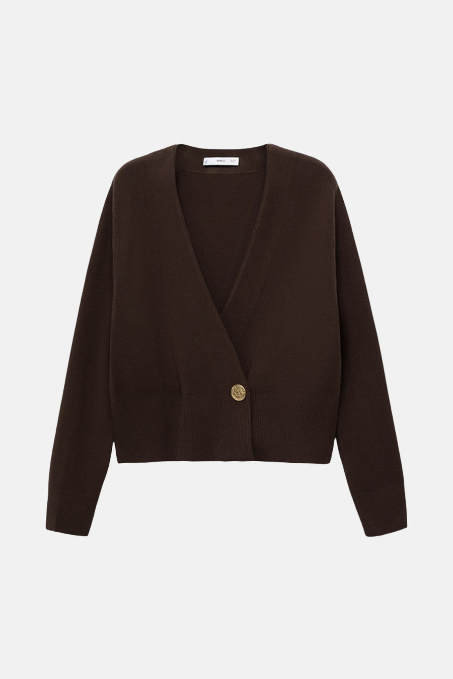 Gilet marron de MANGO avec un bouton doré, coupe croisée et manches longues.