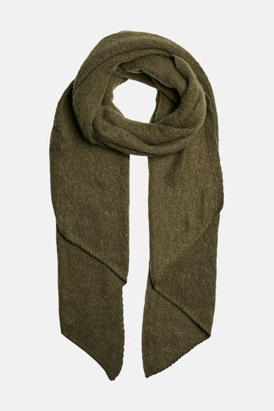 Écharpe vert olive en tricot de PIECES®, à motif texturé, avec des extrémités pointues.
