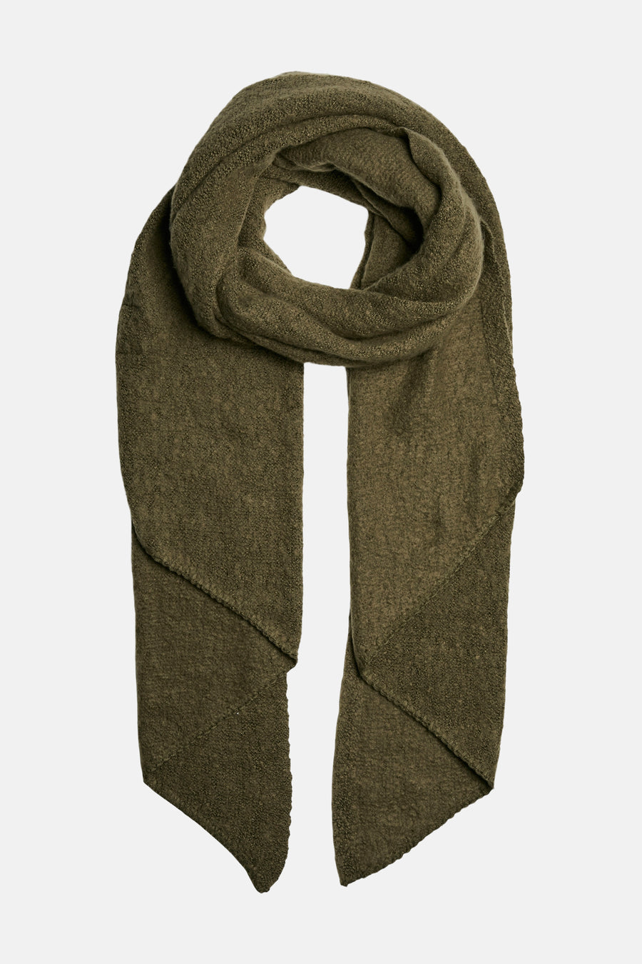 Écharpe vert olive en tricot de PIECES®, à motif texturé, avec des extrémités pointues.
