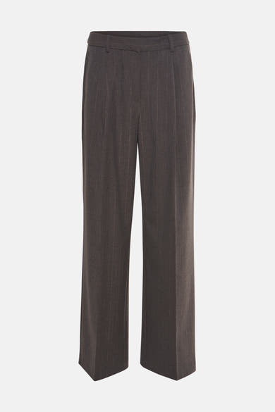 Pantalon gris à rayures fines de MANGO, coupe droite et large, avec passants de ceinture.