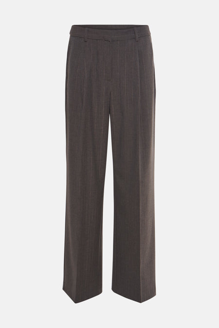 Grijze broek met fijne strepen van MANGO, rechte en wijde pasvorm, met riemlussen.