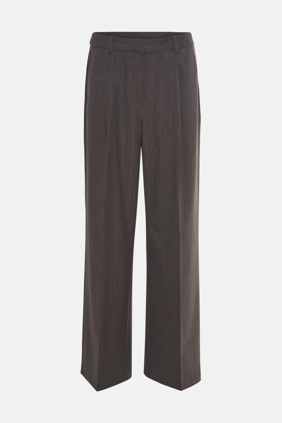 Pantalon gris à rayures fines de MANGO, coupe droite et large, avec passants de ceinture.