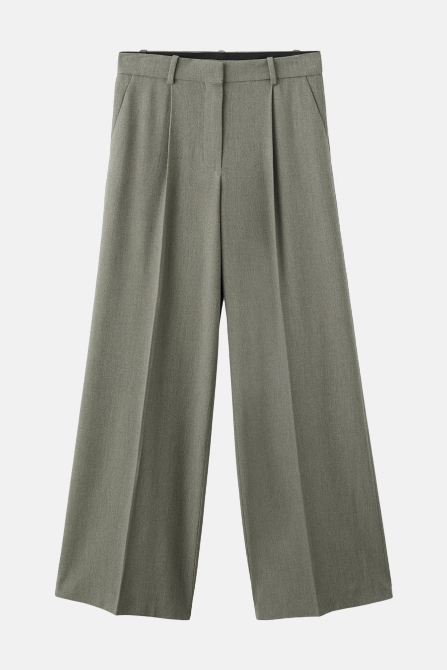 Wijde groene broek van MANGO, met plooien aan de voorkant en een relaxte pasvorm.