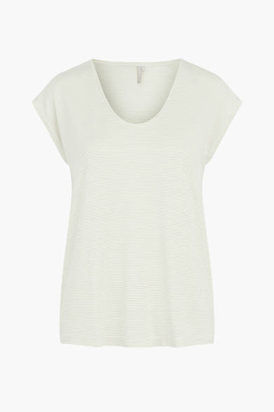 Wit gestreept T-shirt van PIECES®, in fijne ribgebreide stof met een wijde ronde hals.
