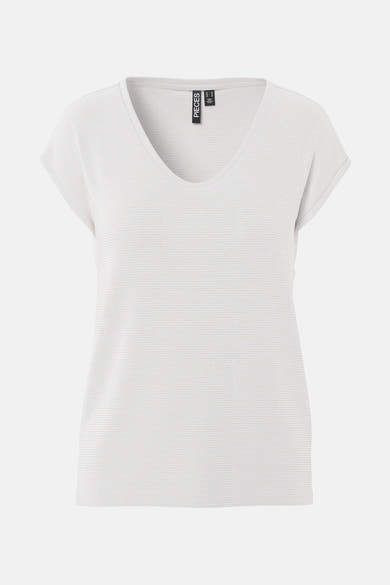 Wit T-shirt met gouden strepen van PIECES, met V-hals en korte mouwen.