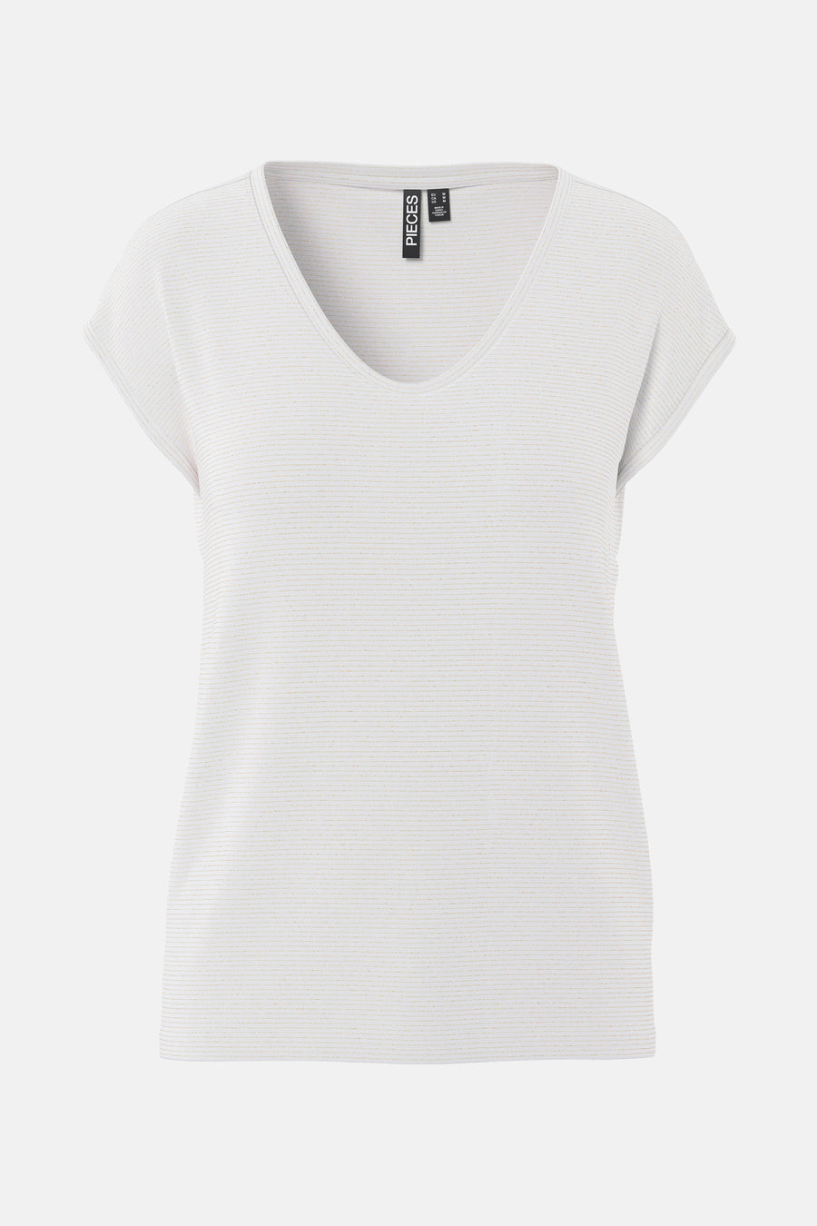 Wit T-shirt met gouden strepen van PIECES, met V-hals en korte mouwen.